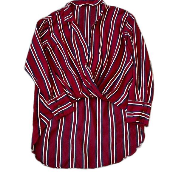 Zara Trafaluc burgundy blouse  Striped Long Sleeve Wrap Hi/Lo top size XS - Picture 2 of 10